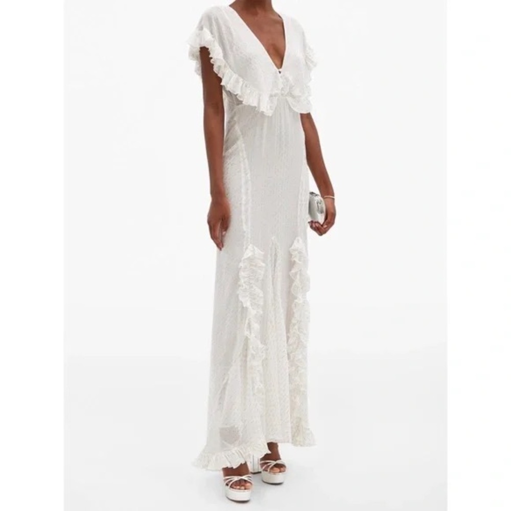 RAT & BOA Ruffled metallic fil coupé maxi dress, size XXS, NWT